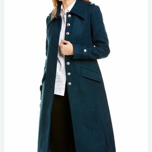 New. Avec Les Filles Wool Blend Fit & Flare Military  Coat: Size S: Teal (114)